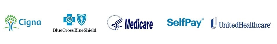 Logos of major health insurance providers: Cigna, BlueCross BlueShield, Medicare, SelfPay, and UnitedHealthcare.