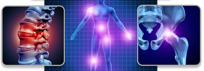Composite image showing pain areas: inflamed spine, full-body pain points, and inflamed hip joint.
